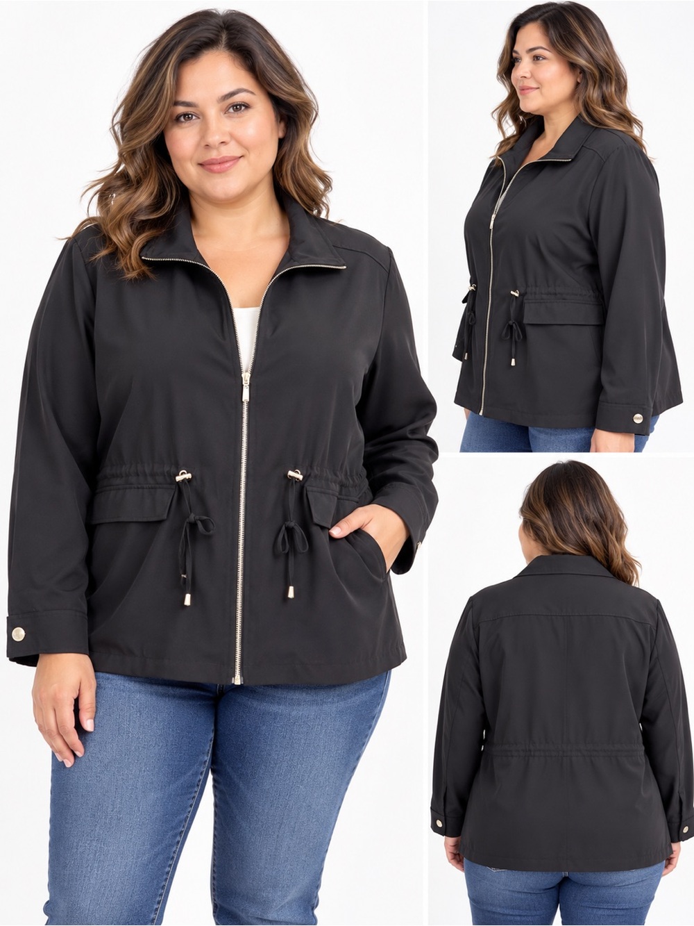 Dana Buchman Black Drawstring Zip-Front Utility Jacket